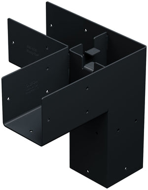 The Sage Corner Connector for 6x6 by Simpson Strong-Tie® (Black, 2 per Pack) is a robust metal bracket featuring multiple flanges and holes, designed for joining beams at right angles in construction or woodworking projects. Ideal as an outdoor pergola connector, this product delivers strength and durability for various structural applications.