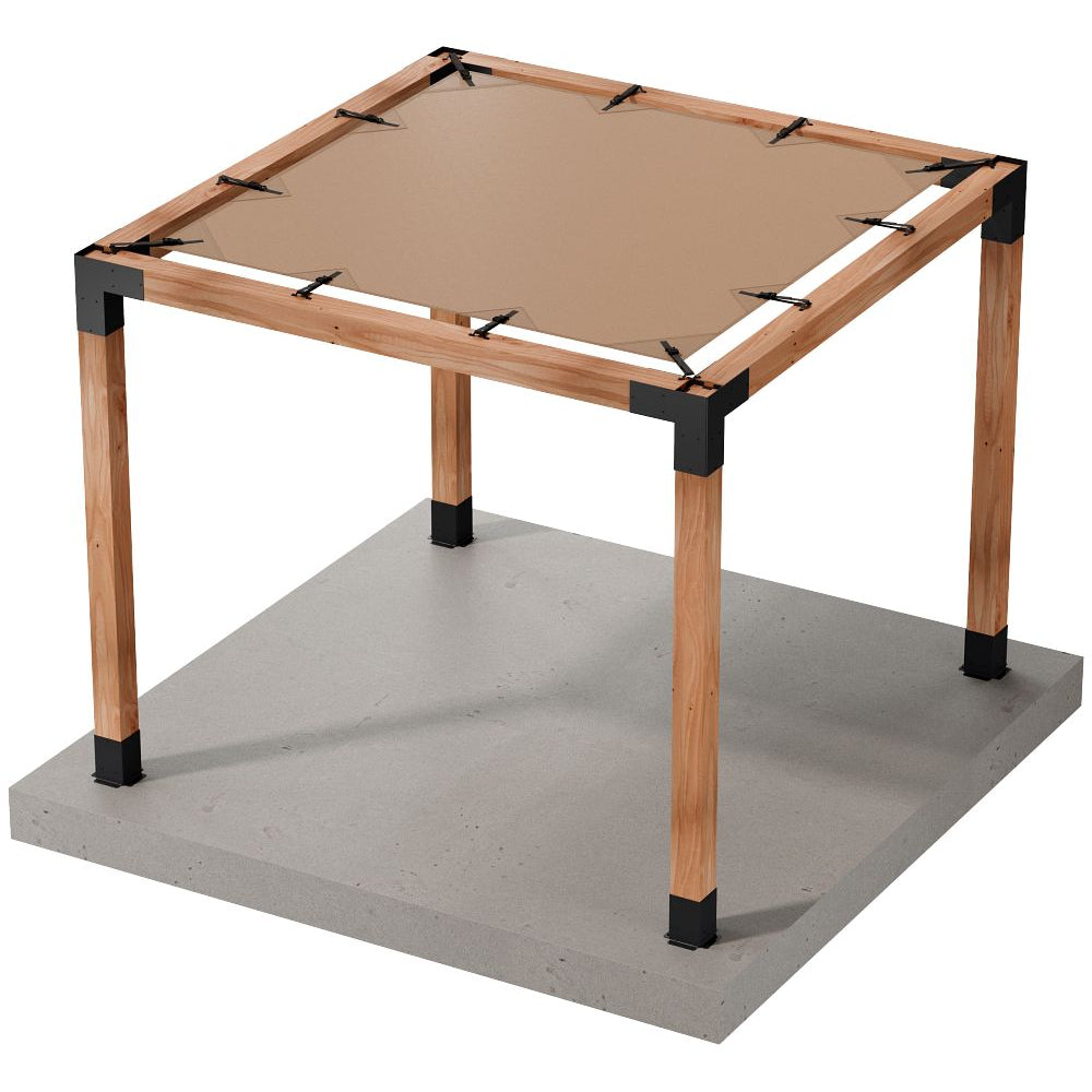 The Sage Sunshade 8x8 Tan by Simpson Strong-Tie® features a square wooden frame with black metal corner brackets and galvanized steel connectors, topped with a taut tan canopy that provides UV protection as a stylish pergola sunshade, all set on a gray concrete slab.