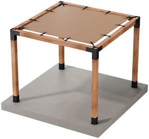 The Sage Sunshade 8x8 Tan by Simpson Strong-Tie® features a square wooden frame with black metal corner brackets and galvanized steel connectors, topped with a taut tan canopy that provides UV protection as a stylish pergola sunshade, all set on a gray concrete slab.