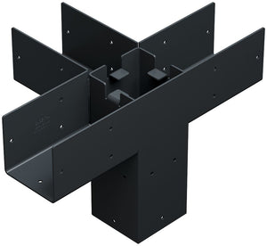 The Simpson Strong-Tie® Sage T-Connector for 4x4, Black is a black metal bracket with multiple flat arms extending in four directions, forming a cross or plus shape. Constructed from corrosion-resistant galvanized steel, it features several holes for screws or bolts to securely join structural beams—making it an ideal outdoor pergola connector for construction projects.