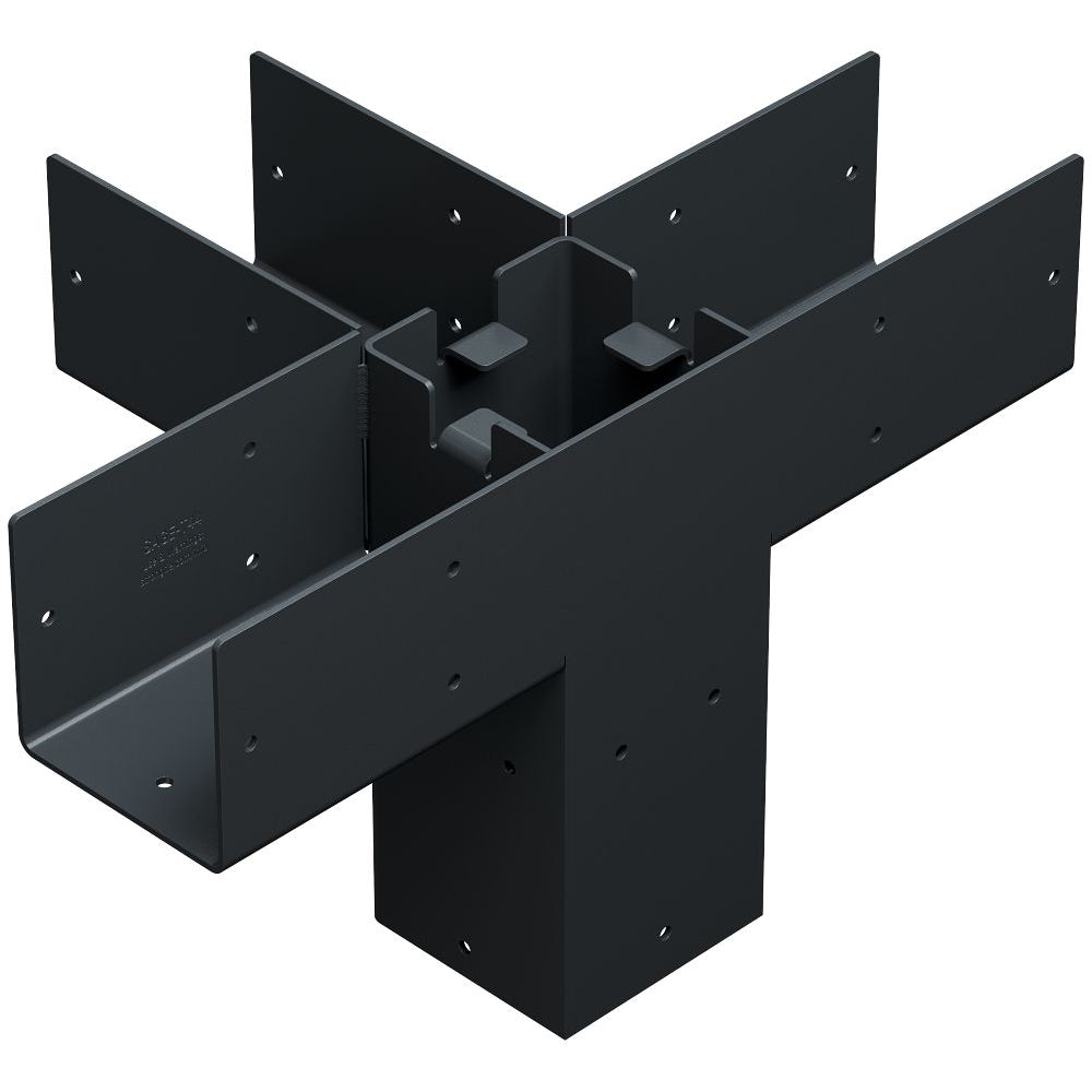 The Simpson Strong-Tie® Sage T-Connector for 6x6, Black is a galvanized steel connector with six arms arranged in a cross pattern, ideal for joining multiple beams in construction. Corrosion-resistant and designed specifically as durable pergola hardware, each arm features pre-drilled holes for screws or bolts and a central square opening at the base to ensure stability and strength for outdoor pergola projects.