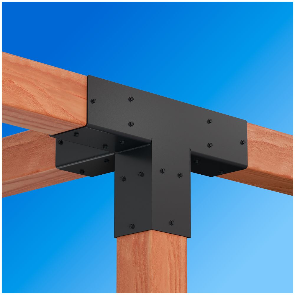 A Simpson Strong-Tie® Sage T-Connector for 6x6 in black connects horizontal and vertical wooden beams against a blue sky background. The corrosion-resistant hardware bracket is secured with multiple screws, forming a T-shaped joint that provides structural support and durability in outdoor environments.