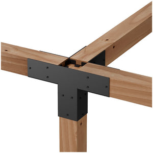 Close-up of a wooden frame joint connected by the Sage T-Connector for 6x6 in black from Simpson Strong-Tie®, showing the intersection of three wooden beams secured with screws.