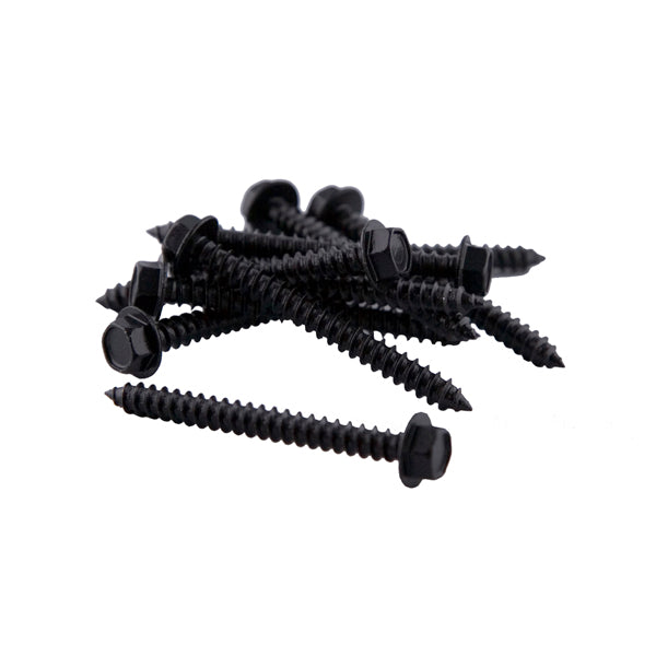 A set of Regal Rail 2-1/2" Lag Screws, Black (24 Pieces), with hex heads, threaded bodies, and pointed tips—perfect for railing installation—neatly arranged on a white background.