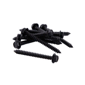 A set of Regal Rail 2-1/2" Lag Screws, Black (24 Pieces), with hex heads, threaded bodies, and pointed tips—perfect for railing installation—neatly arranged on a white background.