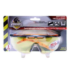 WORKHORSE® Safety Glasses with Built In Brow Guard and Ratchet Adjustable Temples for Perfect Fit, Amber