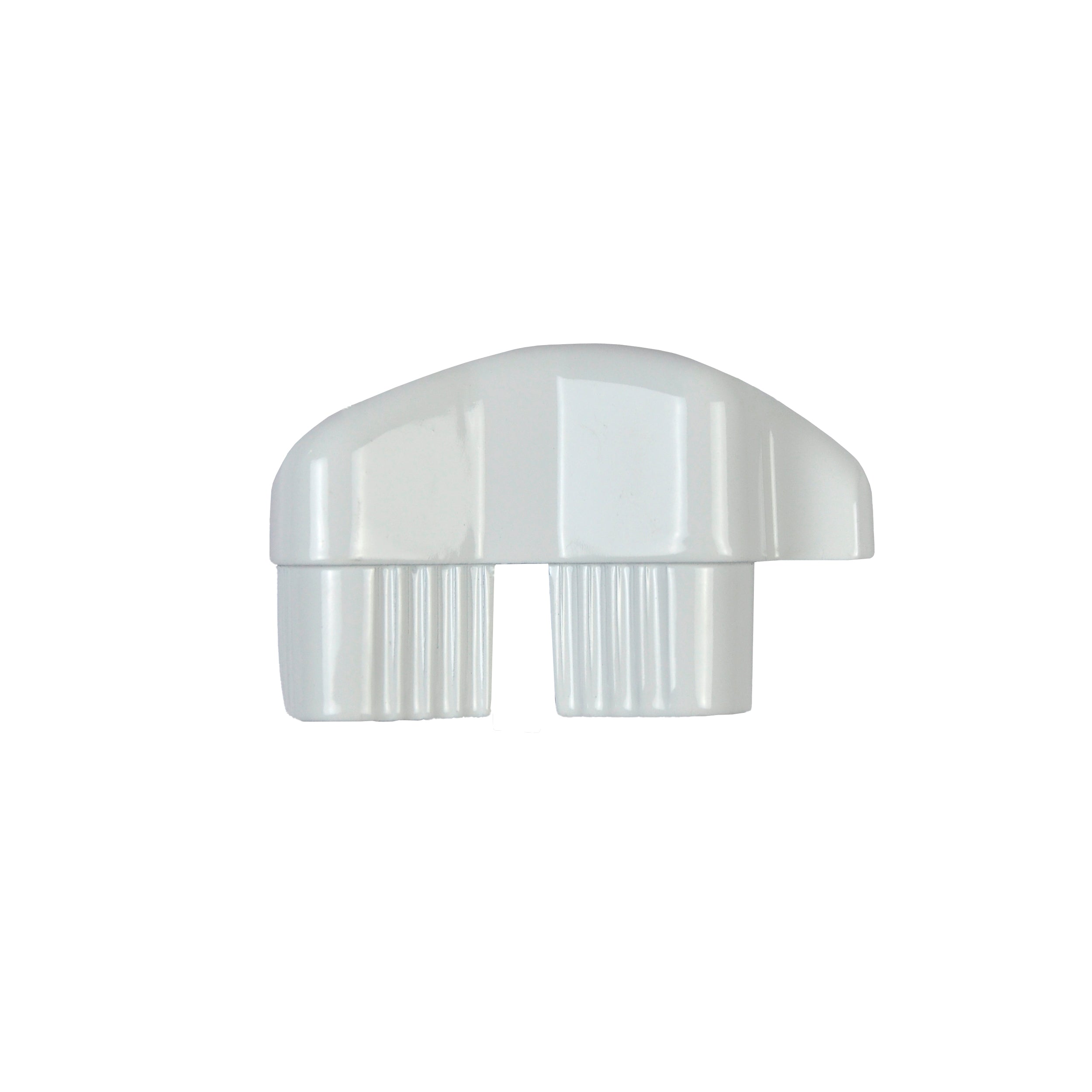 The Regal Rail End Cap for Stair Top Rail in white is a plastic end cap with a curved top and two ribbed cylindrical sections, perfect for finishing Regal Aluminum Railing Systems.