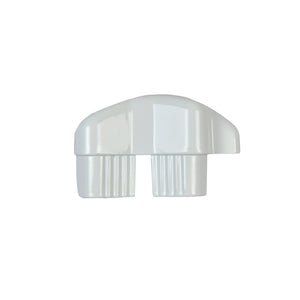 The Regal Rail End Cap for Stair Top Rail in white is a plastic end cap with a curved top and two ribbed cylindrical sections, perfect for finishing Regal Aluminum Railing Systems.