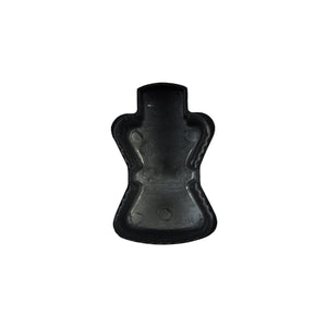 The Regal Rail Regal End Cap For Stair Top Rail in textured black features a contoured, stylized torso shape with four raised circular areas, similar to designs seen in aluminum railing systems, shown here on a white background.