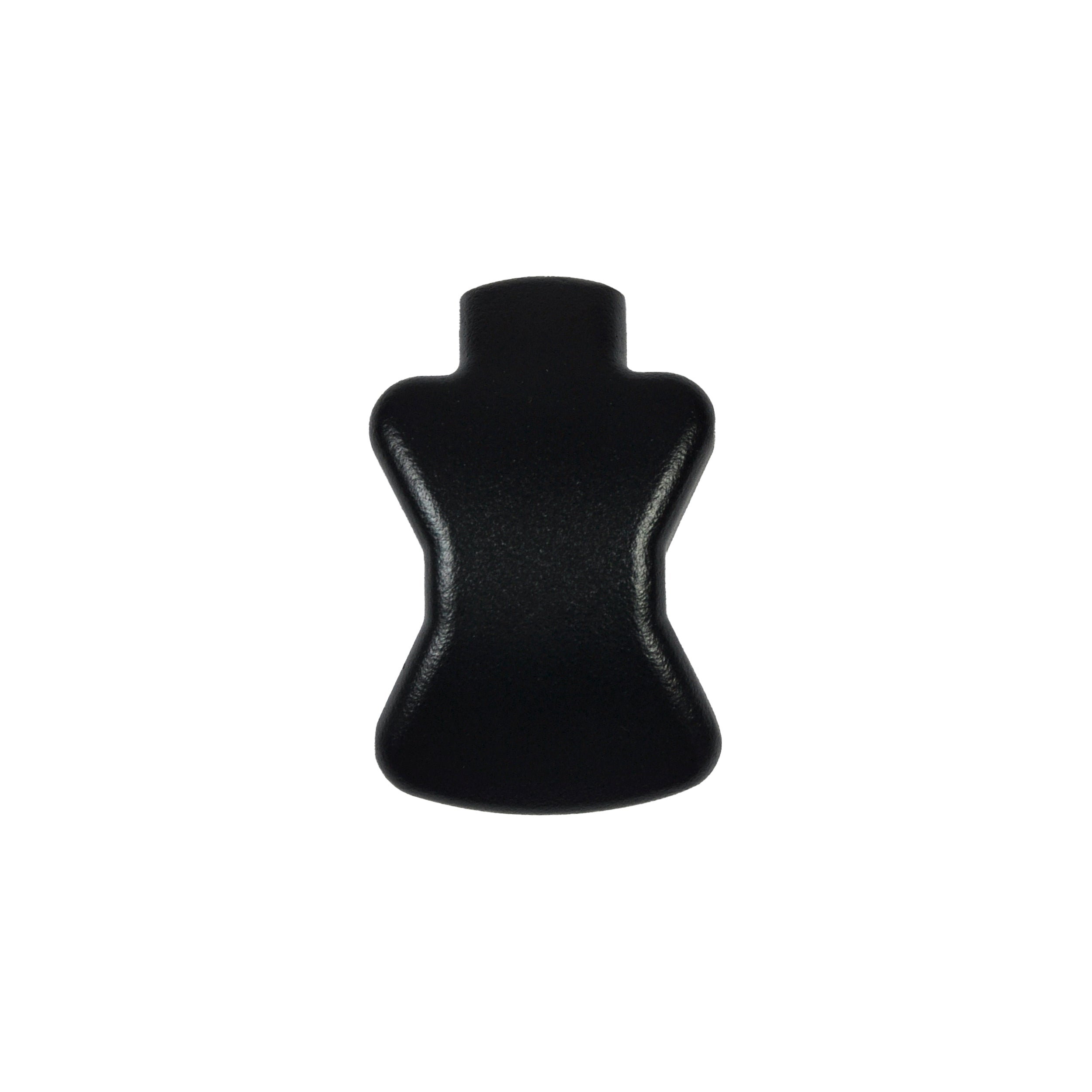 A Regal Rail End Cap for Stair Top Rail in textured black, featuring a torso-like shape and smooth surface, is centered against a plain white background.
