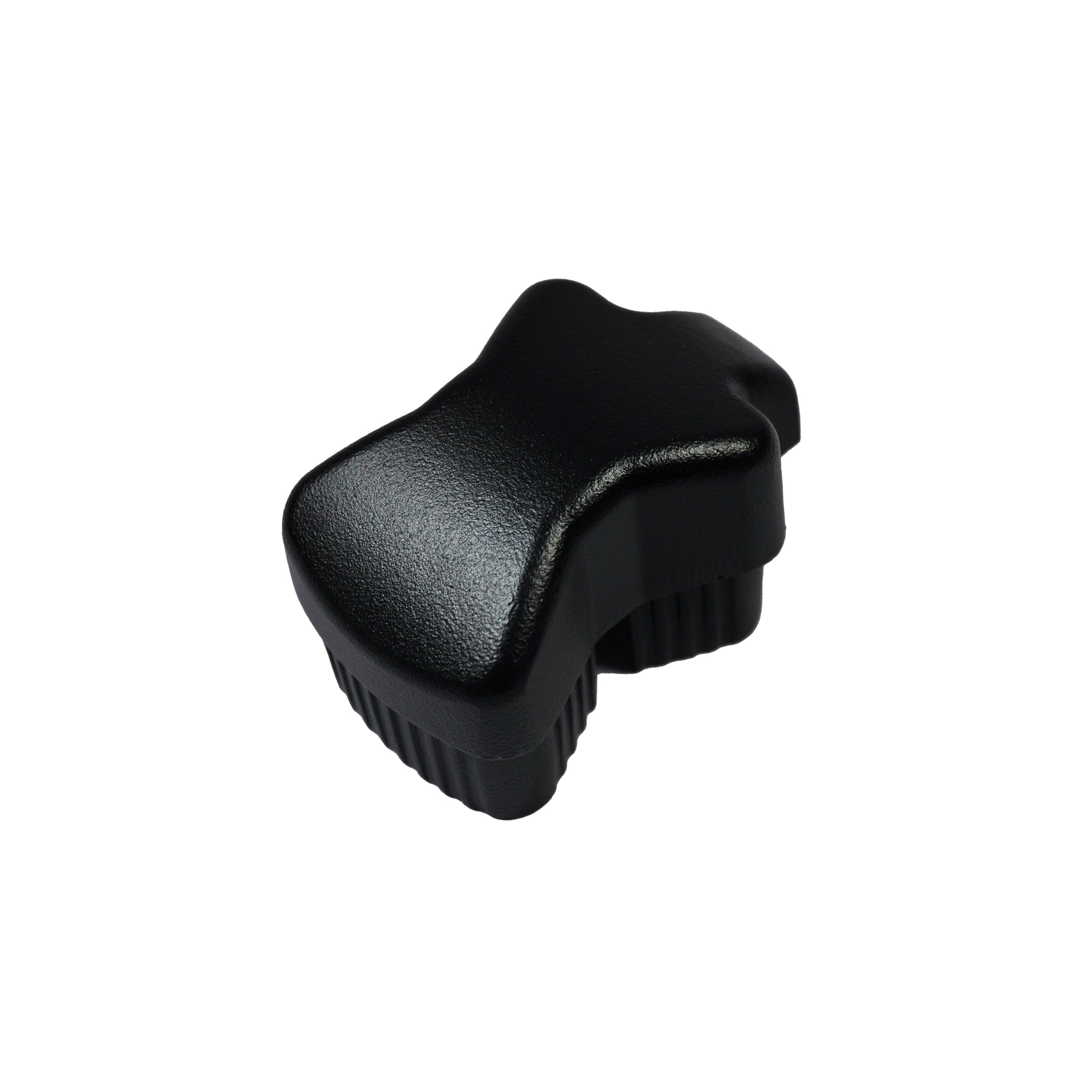 The Regal Rail End Cap for Stair Top Rail in textured black is an ergonomically shaped accessory designed for aluminum railing systems, shown here against a white background.