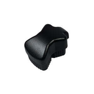 The Regal Rail End Cap for Stair Top Rail in textured black is an ergonomically shaped accessory designed for aluminum railing systems, shown here against a white background.