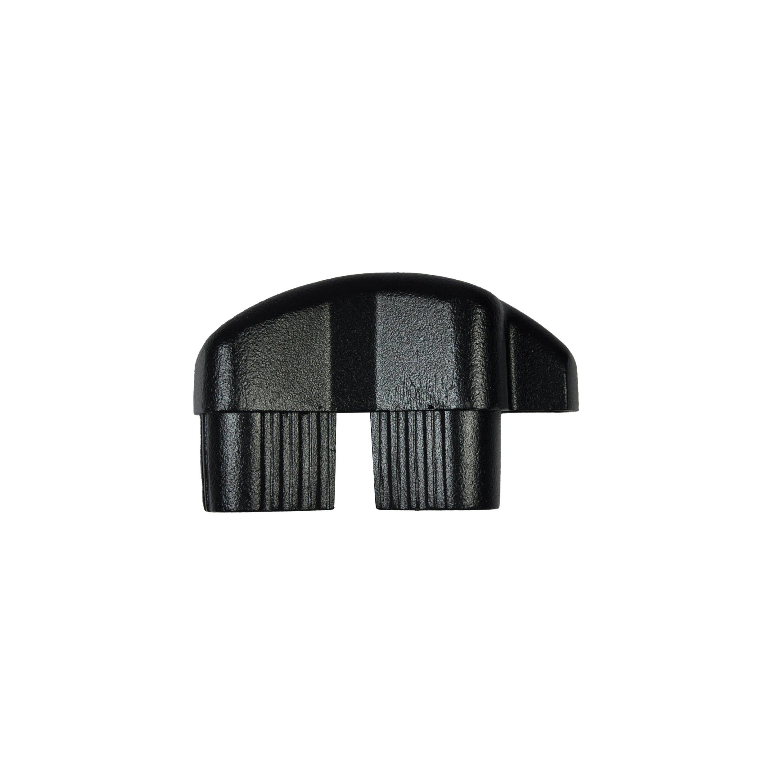 The Regal Rail End Cap for Stair Top Rail, in textured black plastic, features two parallel protruding prongs and a smooth top. Shown isolated on a white background.