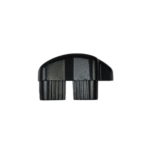 The Regal Rail End Cap for Stair Top Rail, in textured black plastic, features two parallel protruding prongs and a smooth top. Shown isolated on a white background.