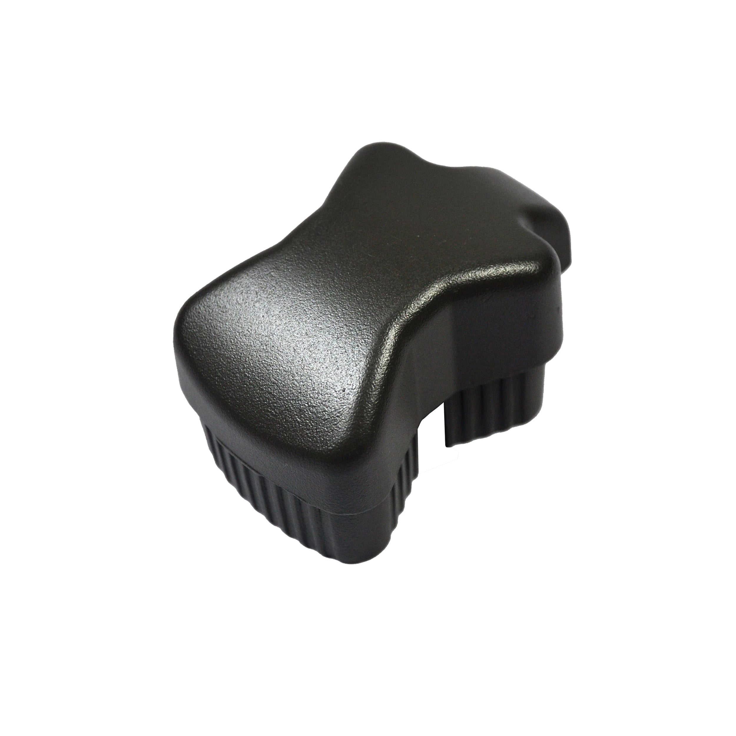 The Regal Rail Regal End Cap for Stair Top Rail in bronze is ergonomically shaped with a textured grip and contoured top, perfect for modern aluminum railing systems. Shown isolated on a white background.
