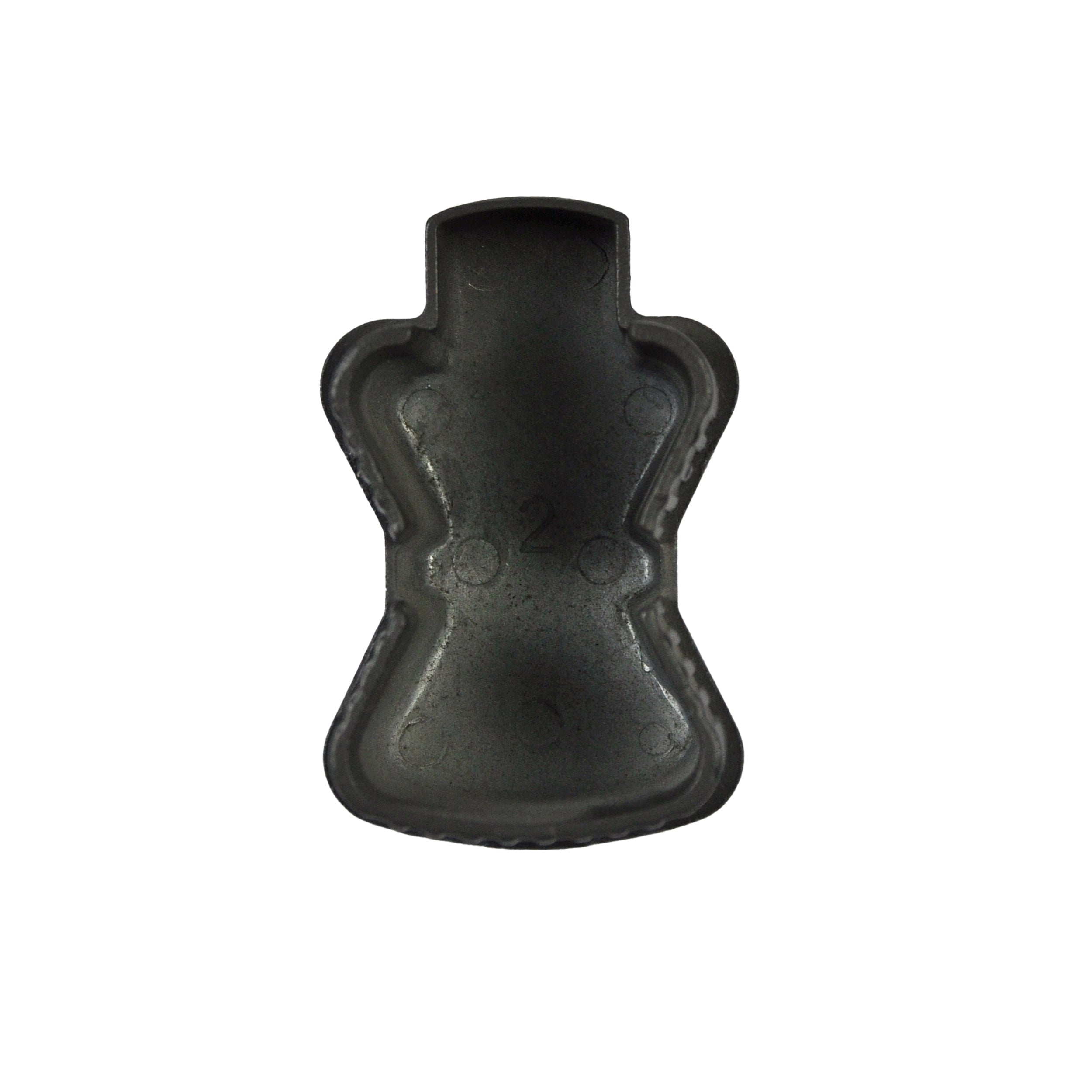 A black molded object shaped like a stylized human figure with rounded arms and a flat top, resembling the Regal Rail Bronze End Cap for Stair Top Rail, seen from above on a white background.