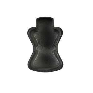 A black molded object shaped like a stylized human figure with rounded arms and a flat top, resembling the Regal Rail Bronze End Cap for Stair Top Rail, seen from above on a white background.