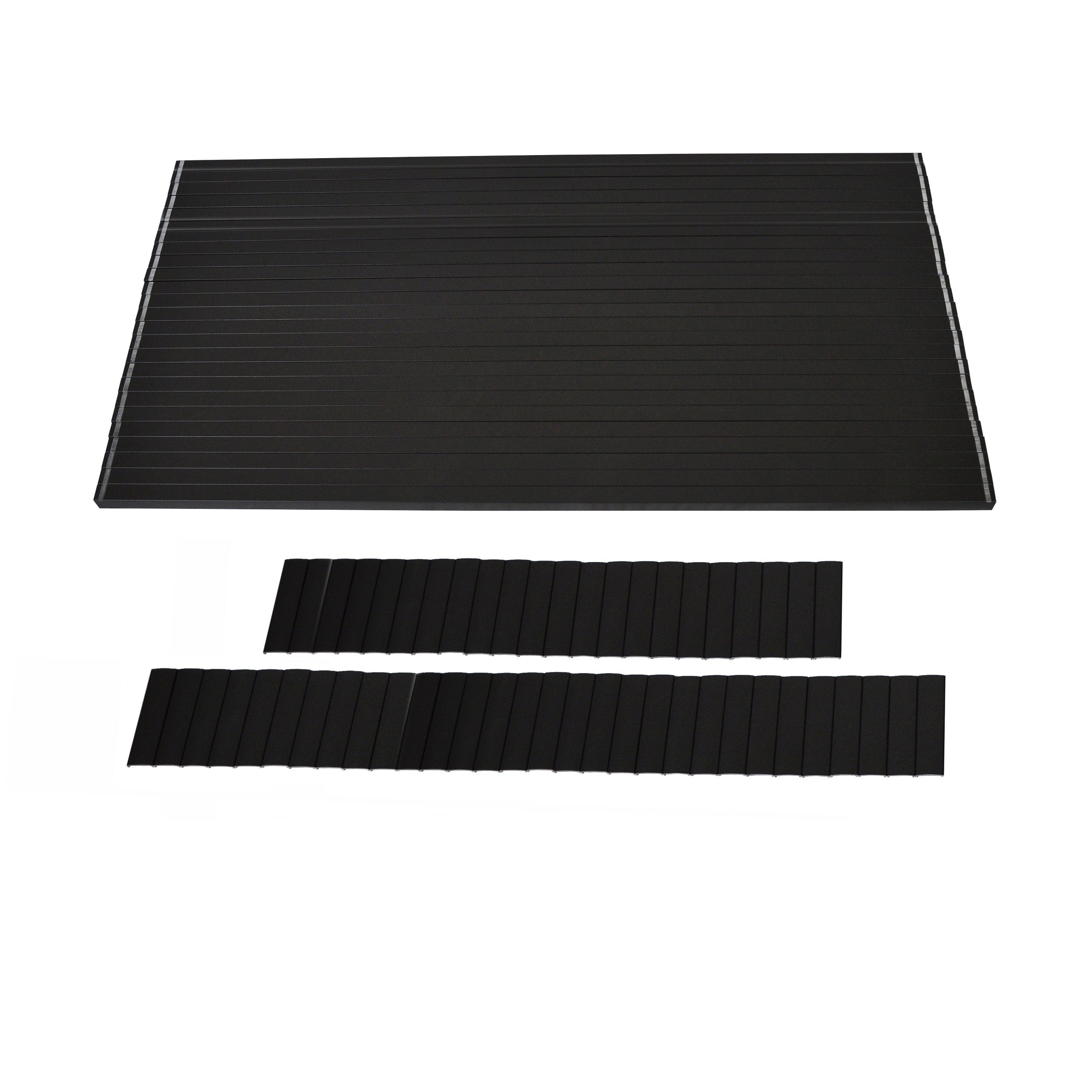 A large black rectangular mat with horizontal grooves, paired with two narrower matching strips below, resembling Regal Rail 10' Straight Pickets in Textured Black for 42" by Regal Rail and inspired by the Locking Picket System.