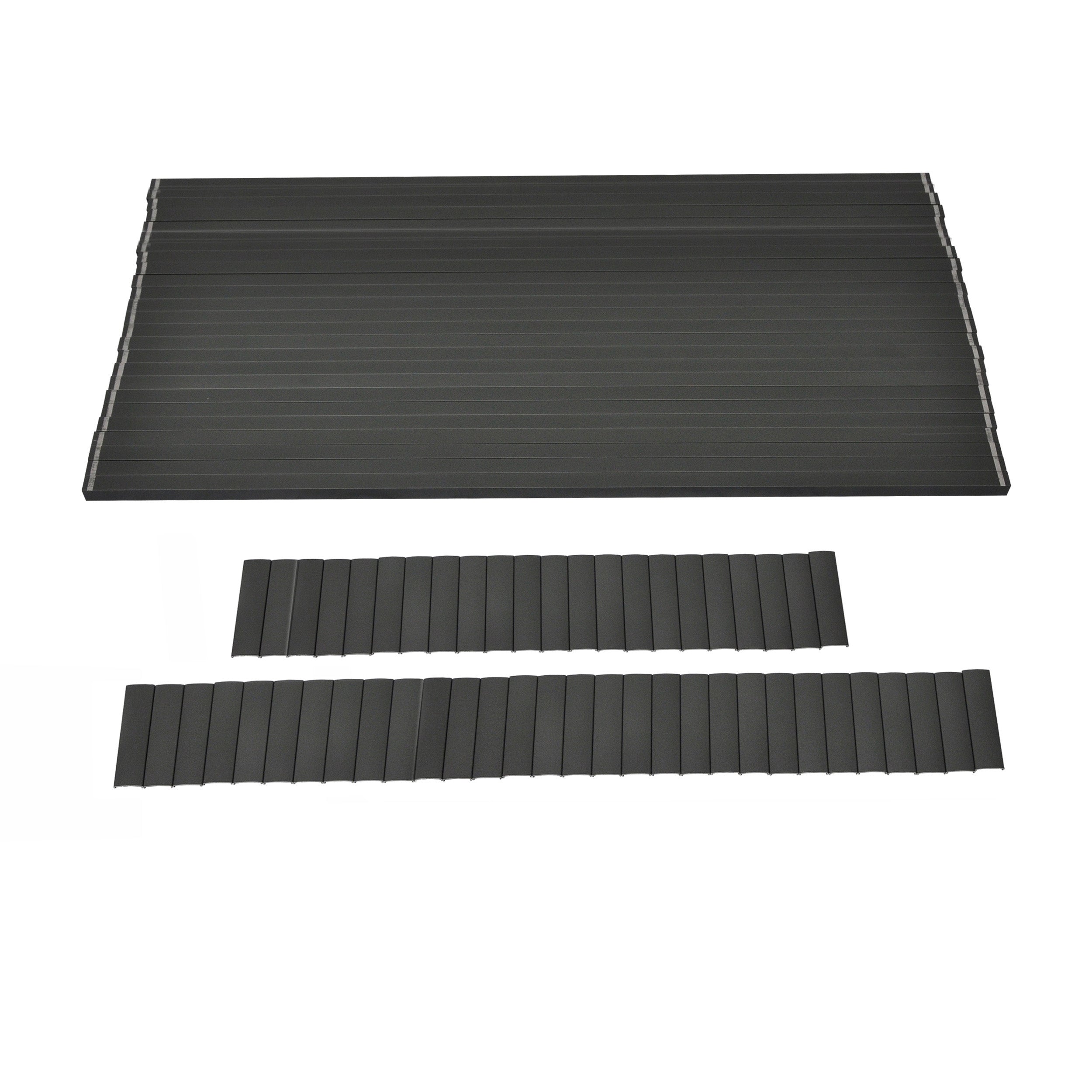 A black ribbed rectangular sheet is paired with two Regal Rail 10' Straight Pickets in Titanium Slate (FOR 42"), all arranged parallel on a white background.