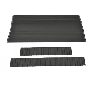 A black ribbed rectangular sheet is paired with two Regal Rail 10' Straight Pickets in Titanium Slate (FOR 42"), all arranged parallel on a white background.