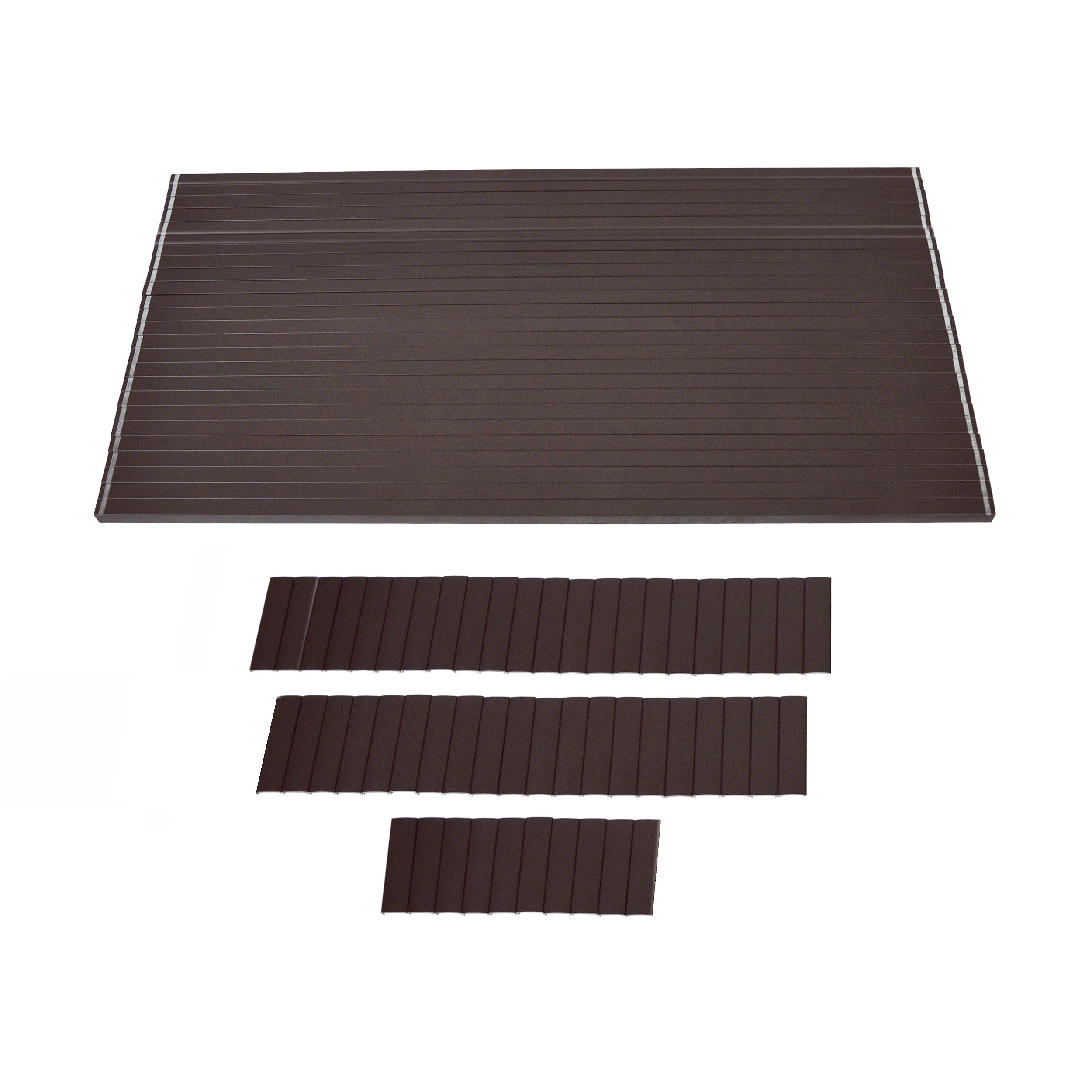 The Regal Rail 10' Straight Pickets, Bronze (FOR 42") by Regal Rail features long, narrow bronze pickets ideal for aluminum railing systems, with multiple thin, evenly spaced grooves for a sleek and durable finish.