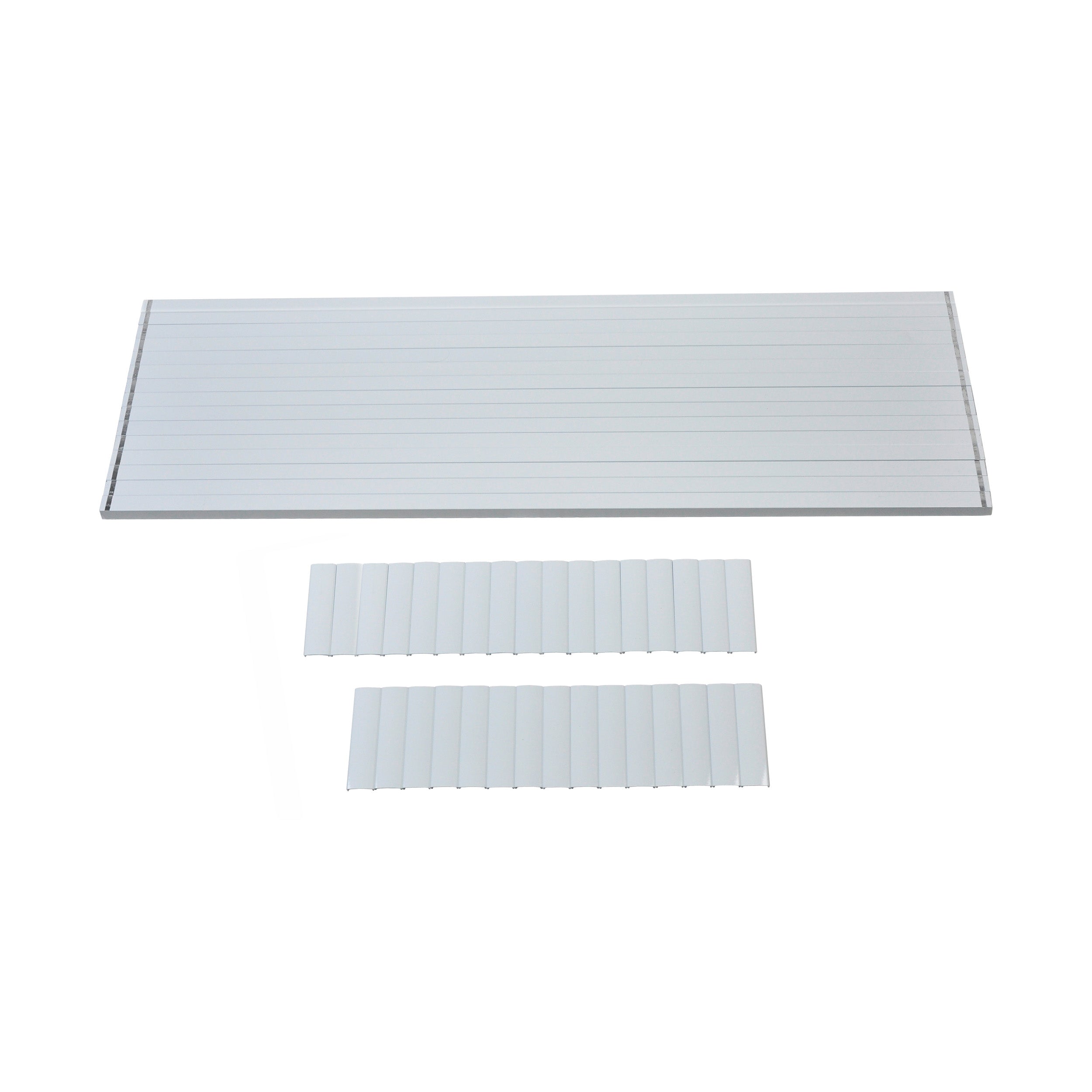 A Regal Rail 6' Straight Pickets, White (FOR 42") panel by Regal Rail sits above two matching pieces, resembling modern aluminum railing pickets, all arranged on a plain white background.