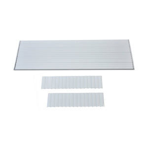 A Regal Rail 6' Straight Pickets, White (FOR 42") panel by Regal Rail sits above two matching pieces, resembling modern aluminum railing pickets, all arranged on a plain white background.