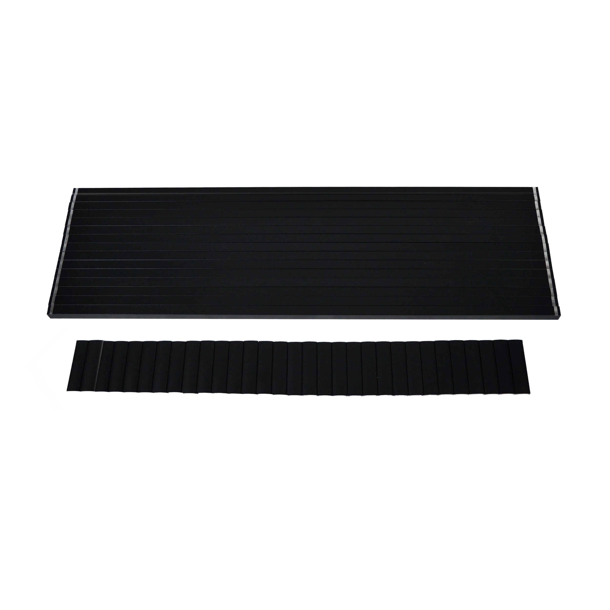 Two black rectangular objects on a white background, resembling Regal Rail 6' Straight Pickets, Textured Black (FOR 42") by Regal Rail, with evenly spaced vertical lines like those used in aluminum railing systems.