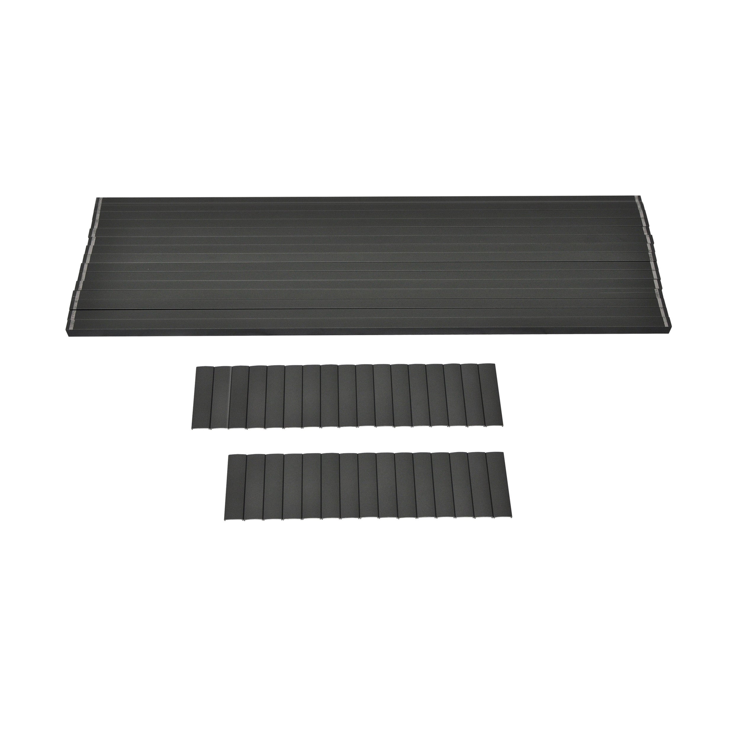 A set of Regal Rail 6' Straight Pickets in Titanium Slate, arranged as one large top panel and two identical smaller panels below, featuring dark gray ribbed slats like those in premium aluminum railing systems.