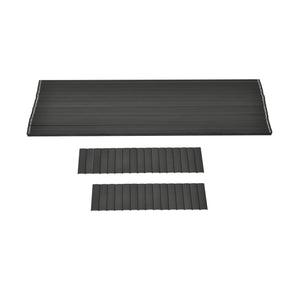 A set of Regal Rail 6' Straight Pickets in Titanium Slate, arranged as one large top panel and two identical smaller panels below, featuring dark gray ribbed slats like those in premium aluminum railing systems.