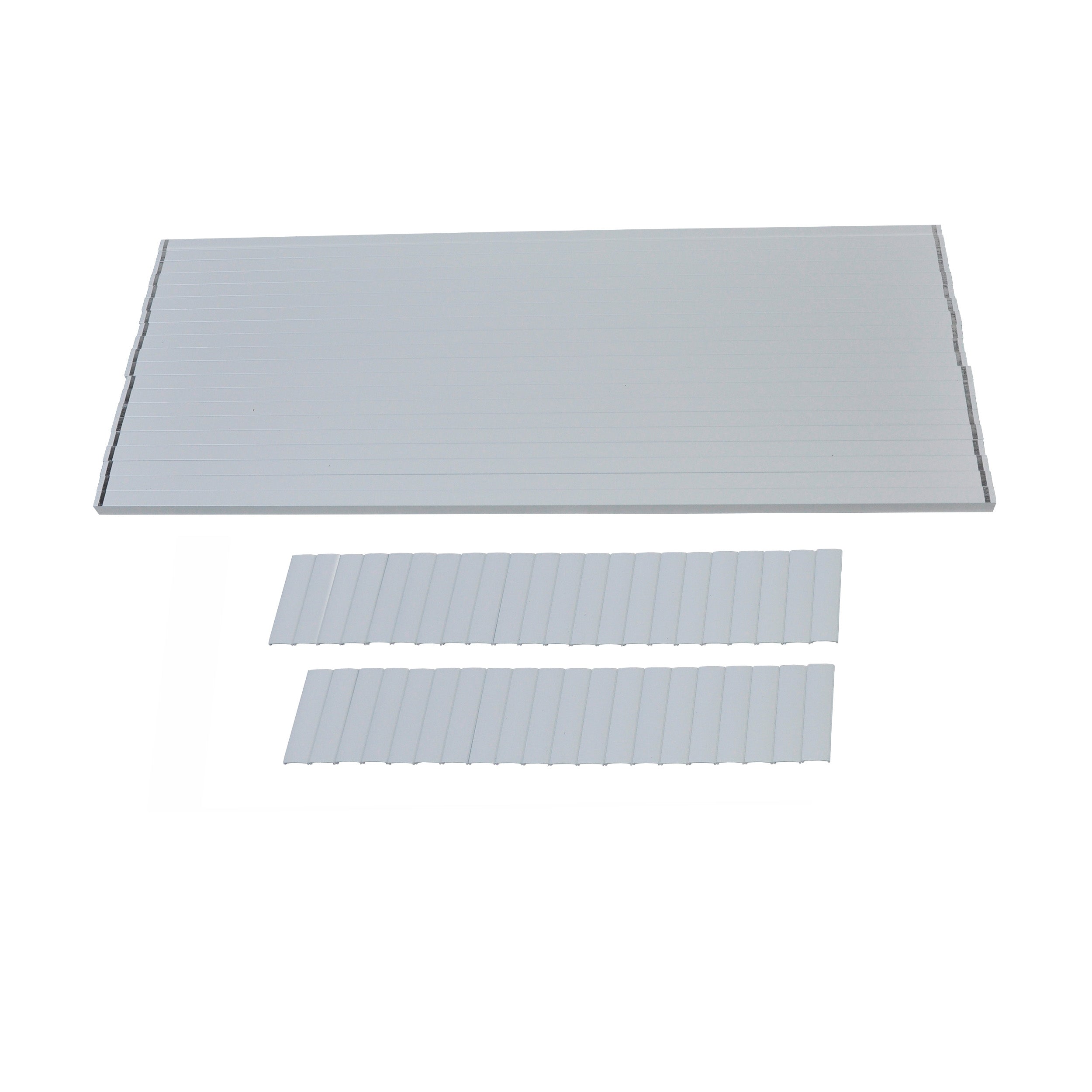 The image displays Regal Rail 6' Straight Pickets, White (FOR 36") by Regal Rail, including a large rectangular sheet and two matching strips, suitable for use with White Narrow Pickets and Aluminum Railing Systems on a white surface.