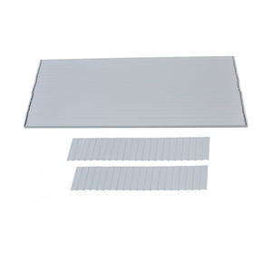 A large white grooved panel with two smaller matching strips below highlights features of the Regal Rail 8' Straight Pickets, White (FOR 42") by Regal Rail.