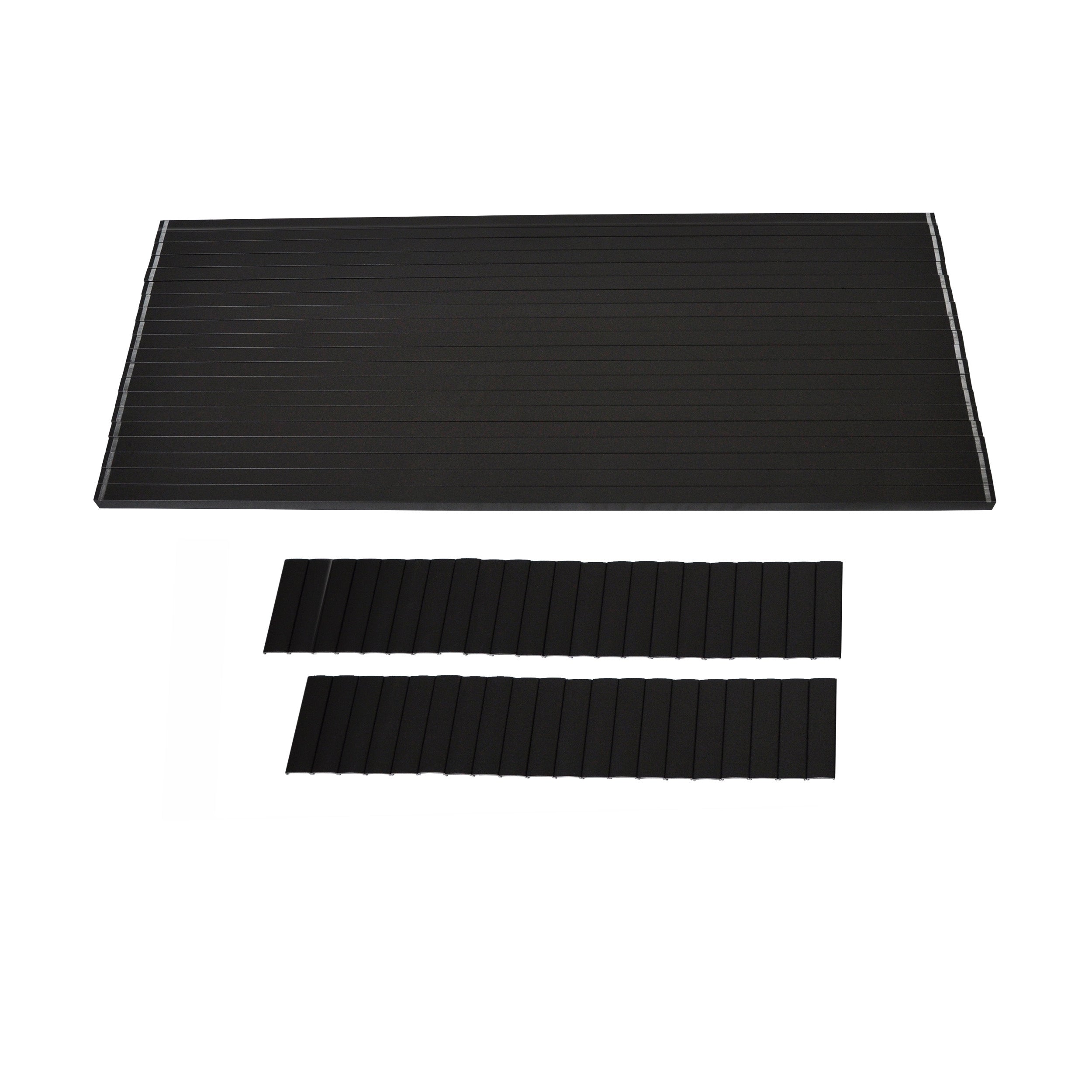 A Regal Rail 8' Straight Pickets, Textured Black (FOR 42") is shown as a rectangular black desk pad with a ribbed texture, placed above two matching smaller ribbed strips, all set against a white background. Brand: Regal Rail.