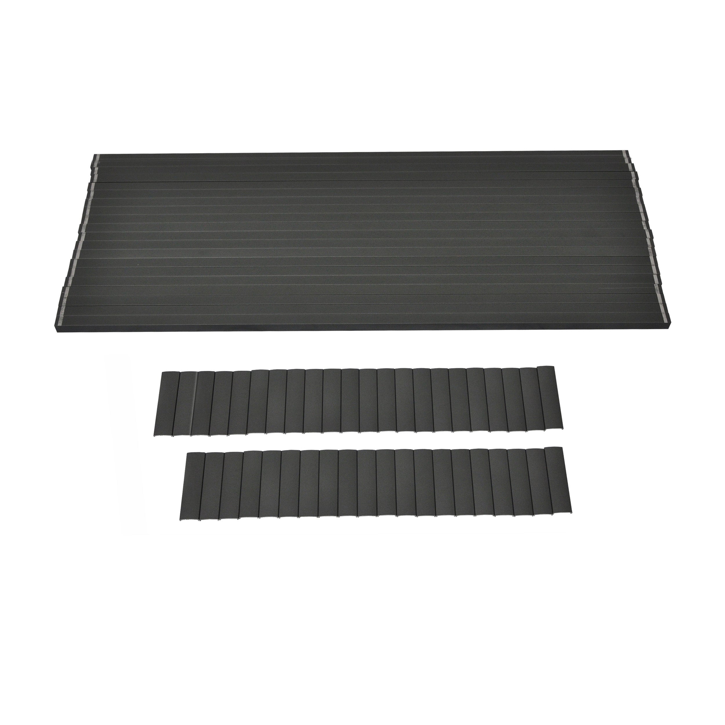 The Regal Rail 8' Straight Pickets in Titanium Slate (FOR 42"), shown on a white background, includes a large rectangular sheet and two smaller strips with parallel grooves—perfect for Aluminum Railing Systems or the Patented Locking Picket System.