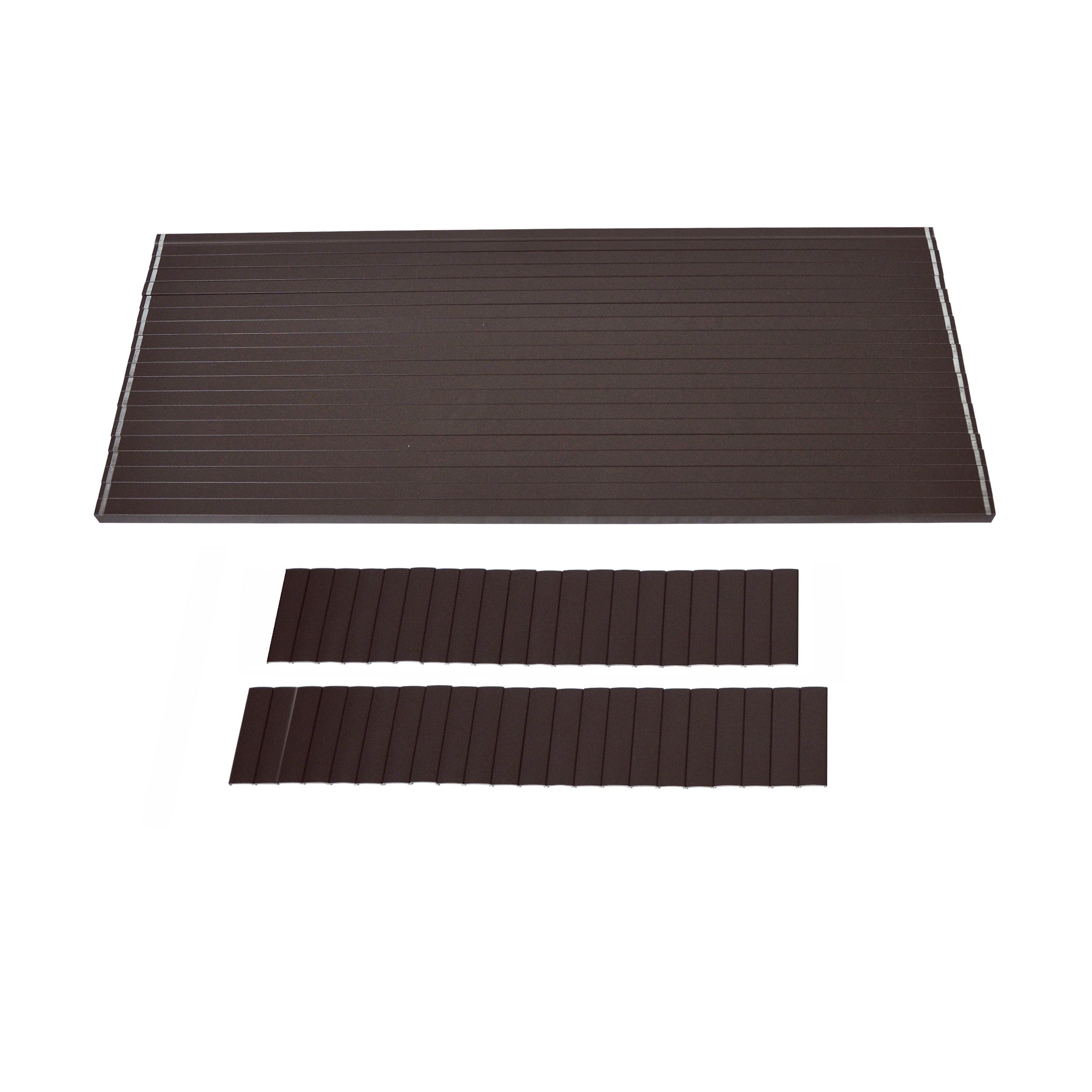 A large sheet and two strips, all bronze with textured parallel grooves, are arranged on a white background—evoking the look of Regal Rail 8' Straight Pickets, Bronze (FOR 42") by Regal Rail.