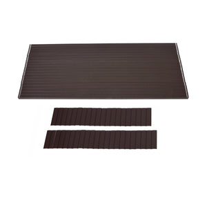 A large sheet and two strips, all bronze with textured parallel grooves, are arranged on a white background—evoking the look of Regal Rail 8' Straight Pickets, Bronze (FOR 42") by Regal Rail.