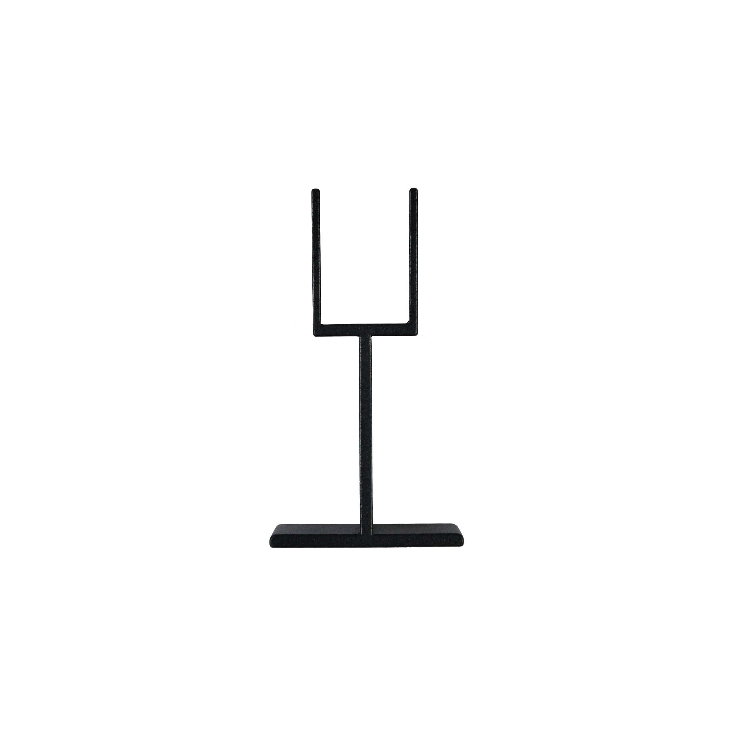 The Regal Stair Rail Support Leg by Regal Rail features a textured black finish and minimalist design with a vertical rod, U-shaped fork, and rectangular base—ideal for stair or aluminum railing systems. Photographed against a plain white background.