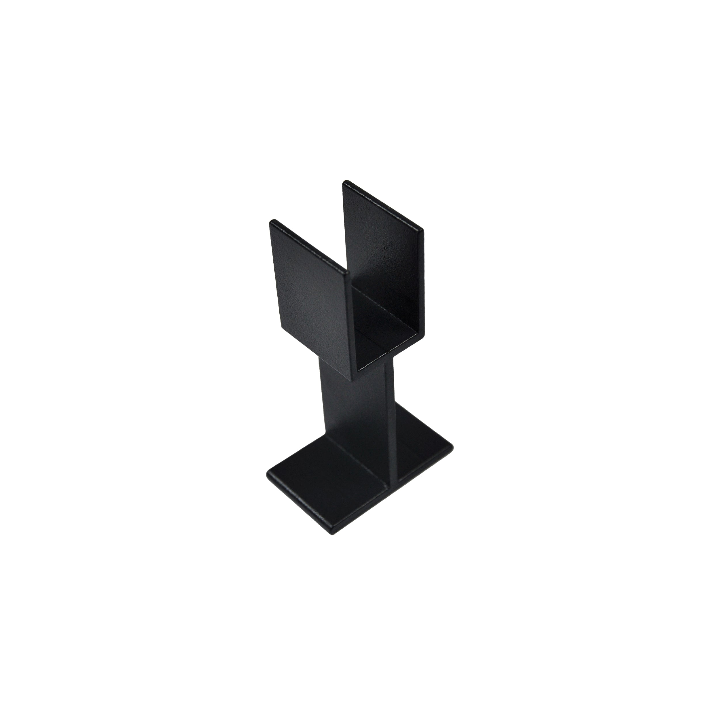 The Regal Rail Regal Stair Rail Support Leg in textured black features a flat base and two upright parallel plates forming a U-channel, ideal for aluminum or stair railing systems, shown against a white background.
