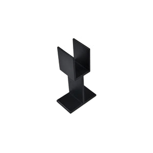 The Regal Rail Regal Stair Rail Support Leg in textured black features a flat base and two upright parallel plates forming a U-channel, ideal for aluminum or stair railing systems, shown against a white background.