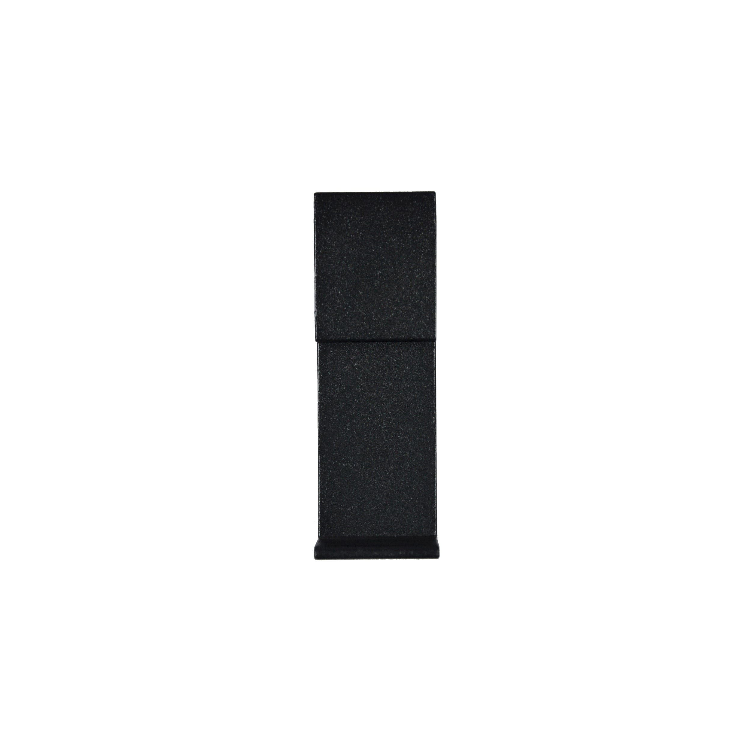The Regal Stair Rail Support Leg by Regal Rail, in textured black, stands vertically against a white background, showcasing its rectangular shape and central hinge for aluminum railing systems.