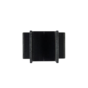 The Regal Stair Rail Support Leg in textured black by Regal Rail is a rectangular plastic component with two raised ridges per side, shown vertically against a white background—ideal for aluminum railing systems.