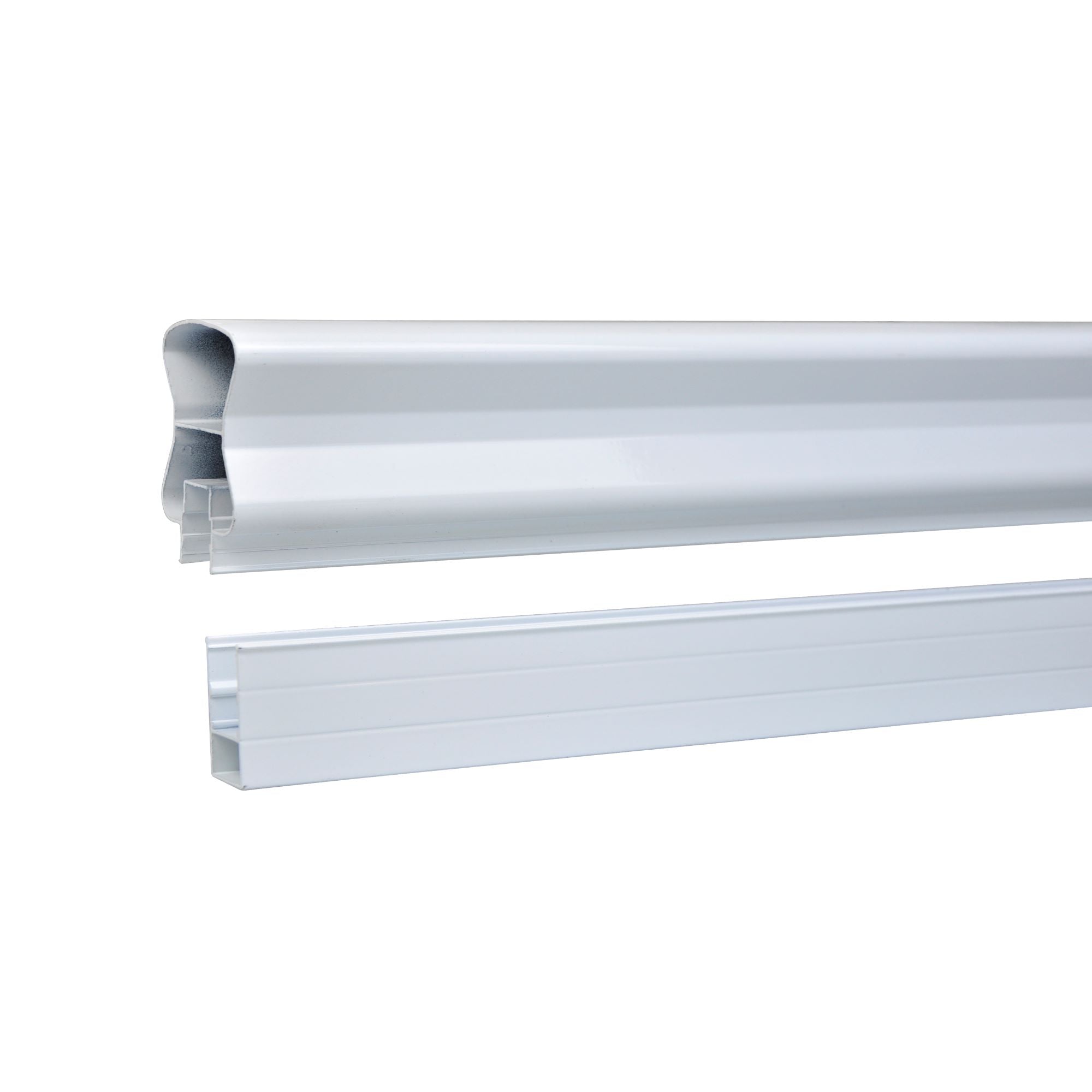 Two Regal Rail Top & Bottom Stair Rail Connecting Splices by Regal Rail, featuring white metal or plastic construction—one with a rounded groove and one with a flat, ribbed surface—designed for Aluminum Railing Systems.