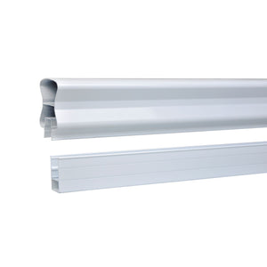 Two Regal Rail Top & Bottom Stair Rail Connecting Splices by Regal Rail, featuring white metal or plastic construction—one with a rounded groove and one with a flat, ribbed surface—designed for Aluminum Railing Systems.