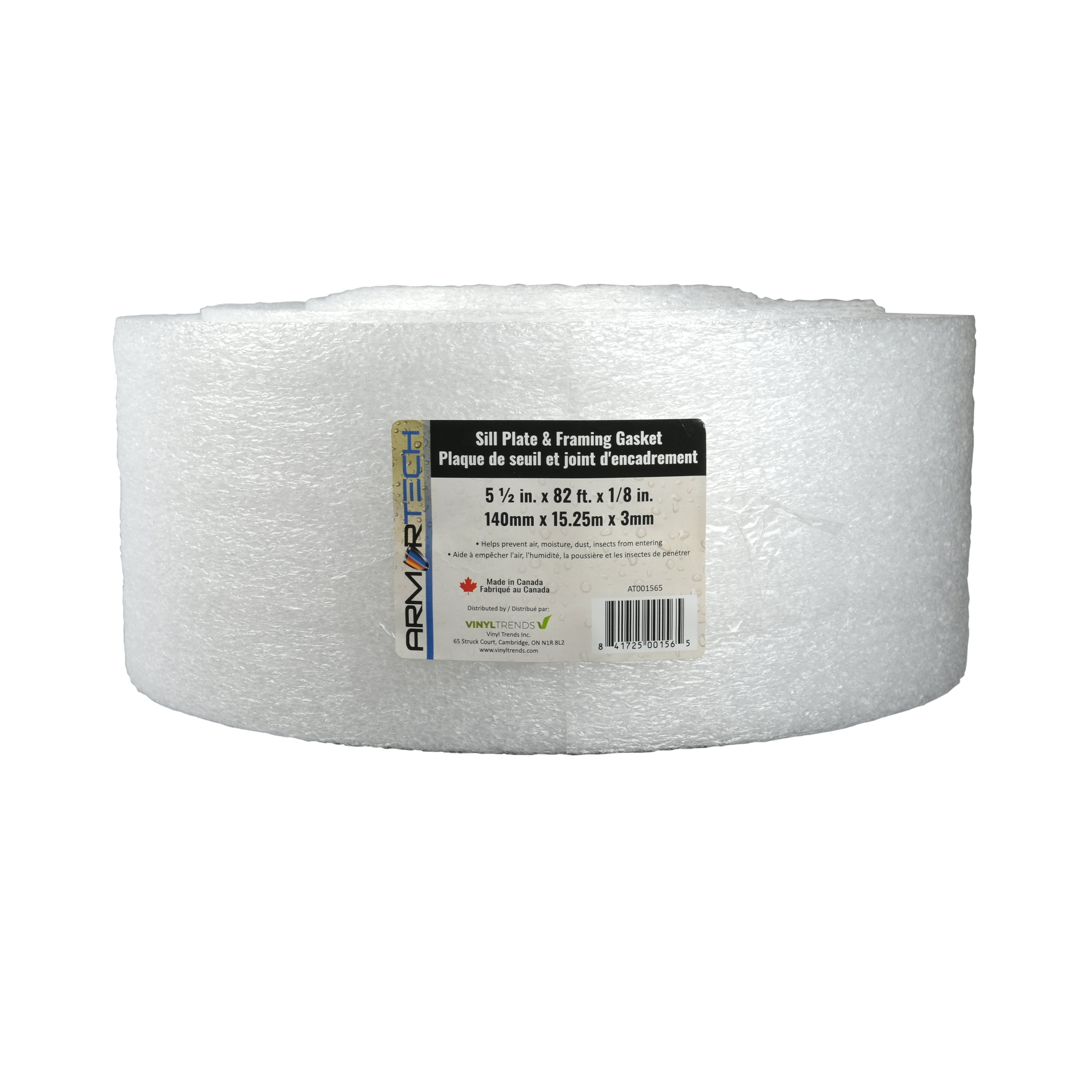 A large white roll of Armortech 5.5″ x 82′ Sill Plate and Framing Gasket features a central label displaying product details, including its dimensions of 5.5 in. x 82 ft. x 1/8 in. The Armortech brand logo and text are clearly visible on the label, emphasizing its effective use as a reliable moisture barrier for construction projects.