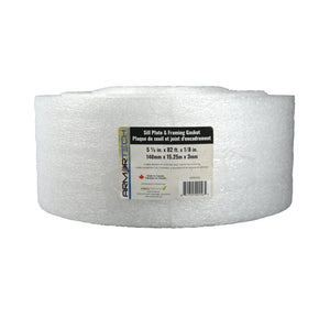 A large white roll of Armortech 5.5″ x 82′ Sill Plate and Framing Gasket features a central label displaying product details, including its dimensions of 5.5 in. x 82 ft. x 1/8 in. The Armortech brand logo and text are clearly visible on the label, emphasizing its effective use as a reliable moisture barrier for construction projects.