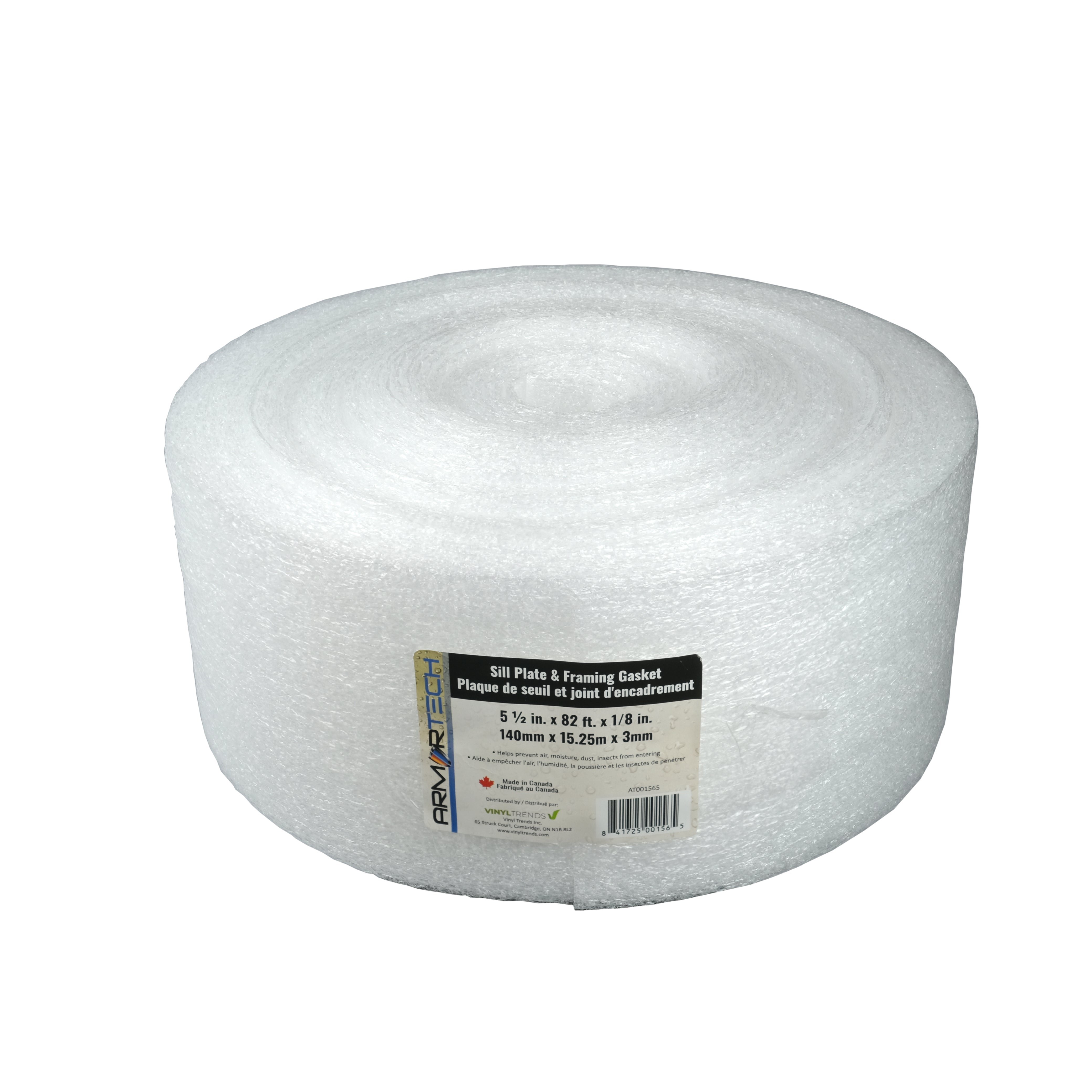 A large roll of Armortech 5.5″ x 82′ Sill Plate and Framing Gasket is shown with its product label on the front, displayed against a plain white background. This Armortech gasket provides an effective moisture barrier for construction projects.