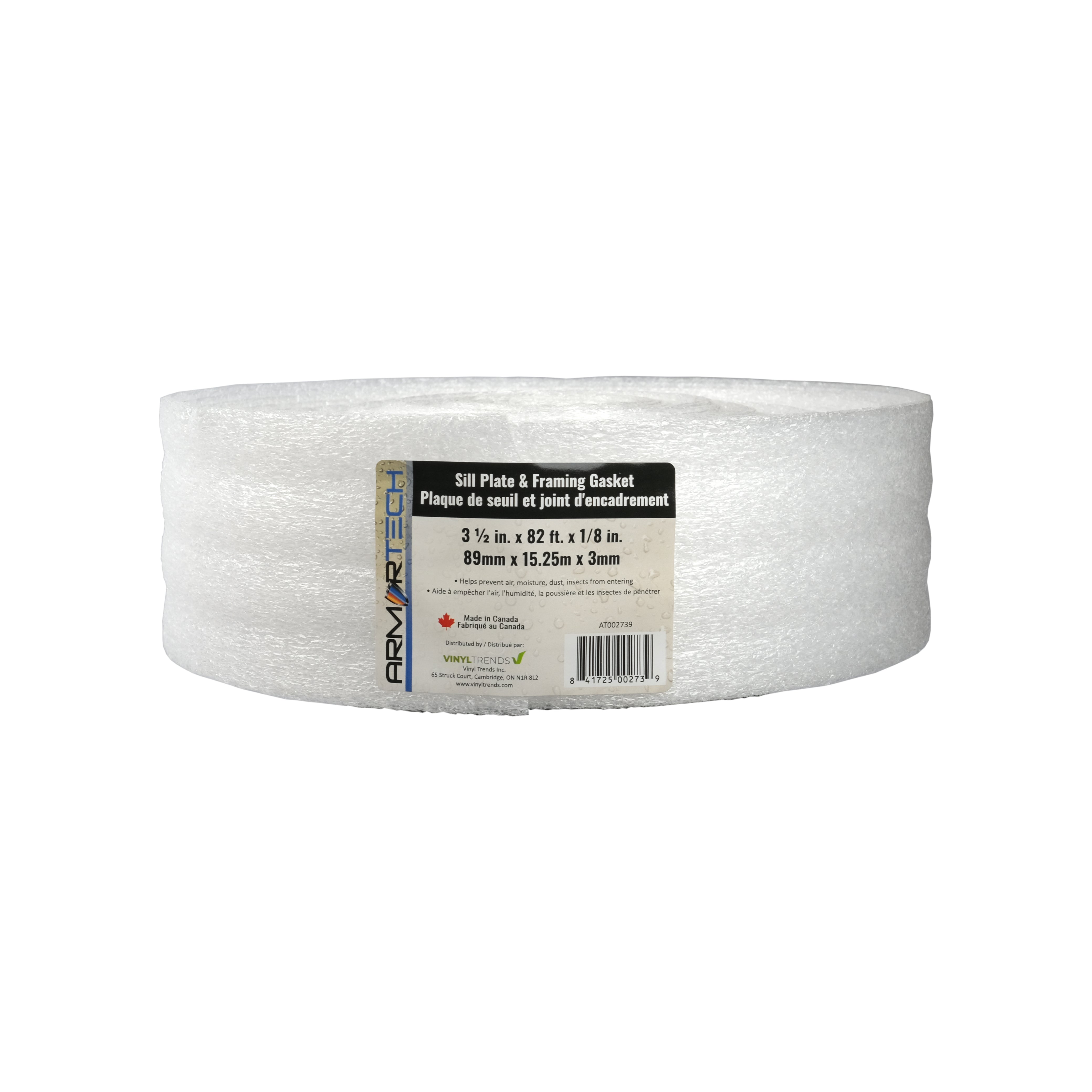 A white roll of Armortech Sill Plate and Framing Gasket with a product label displaying dimensions of 3.5 in x 82 ft x 1/8 in (89 mm x 25 m x 3 mm), ideal for use as a moisture barrier during construction; the Armortech brand name is clearly visible on the label.