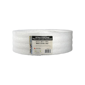 A white roll of Armortech Sill Plate and Framing Gasket with a product label displaying dimensions of 3.5 in x 82 ft x 1/8 in (89 mm x 25 m x 3 mm), ideal for use as a moisture barrier during construction; the Armortech brand name is clearly visible on the label.