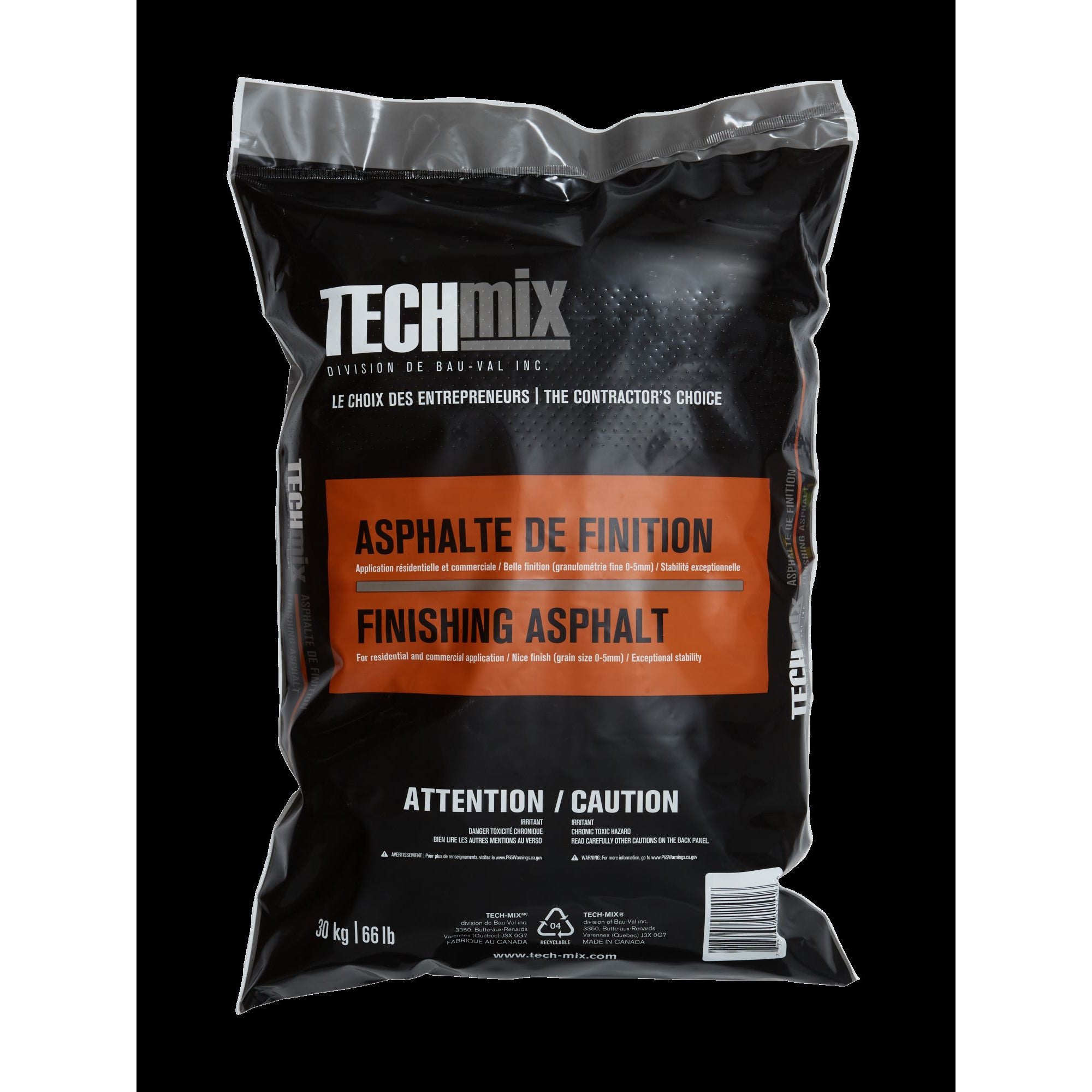 Bag of Techmix finishing asphalt on a black background