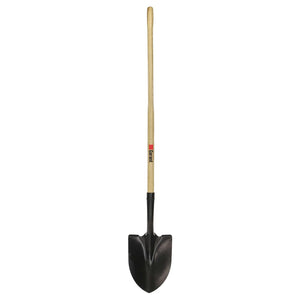 The Garant Inc 8-1/2 Inch Round Point Shovel features a durable long wood handle and a pointed steel blade, displayed against a white background.